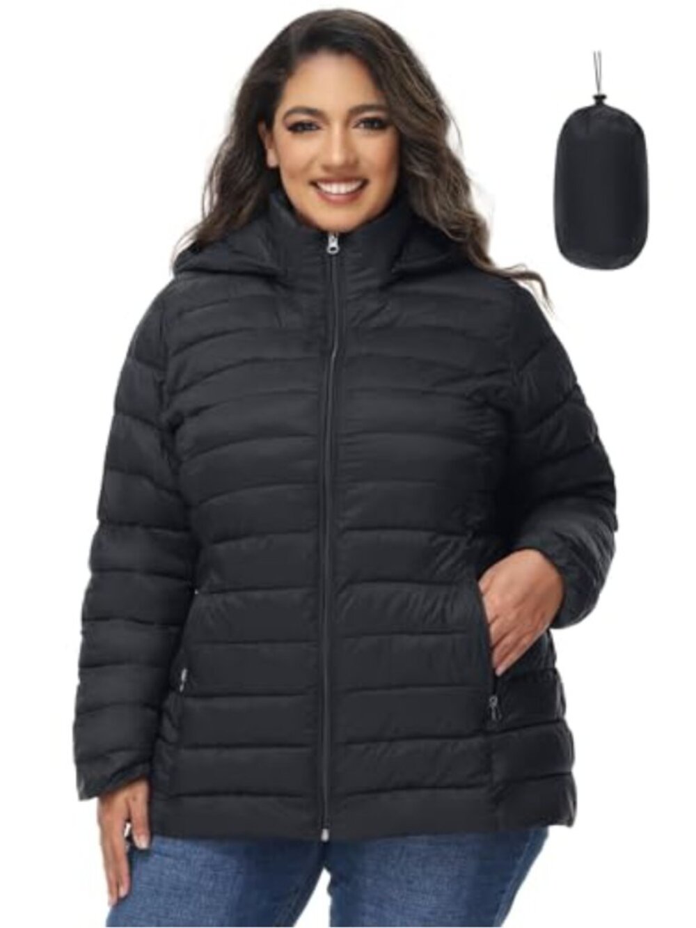Plus Size Packable Quilted Puffer Jacket Detachable Hood Travel Coat